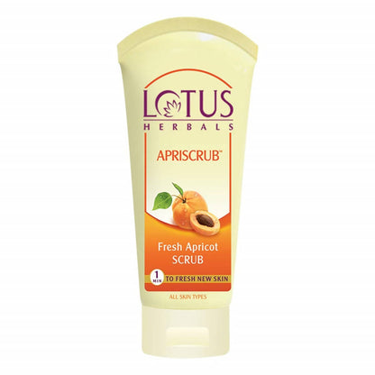 A tube of Lotus Herbals Apriscrub Fresh Apricot Scrub with the product name and benefits clearly displayed on the label.
