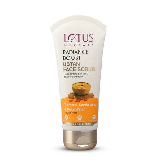 Tube of Lotus Herbals Radiance Boost Ubtan Face Scrub on a white background