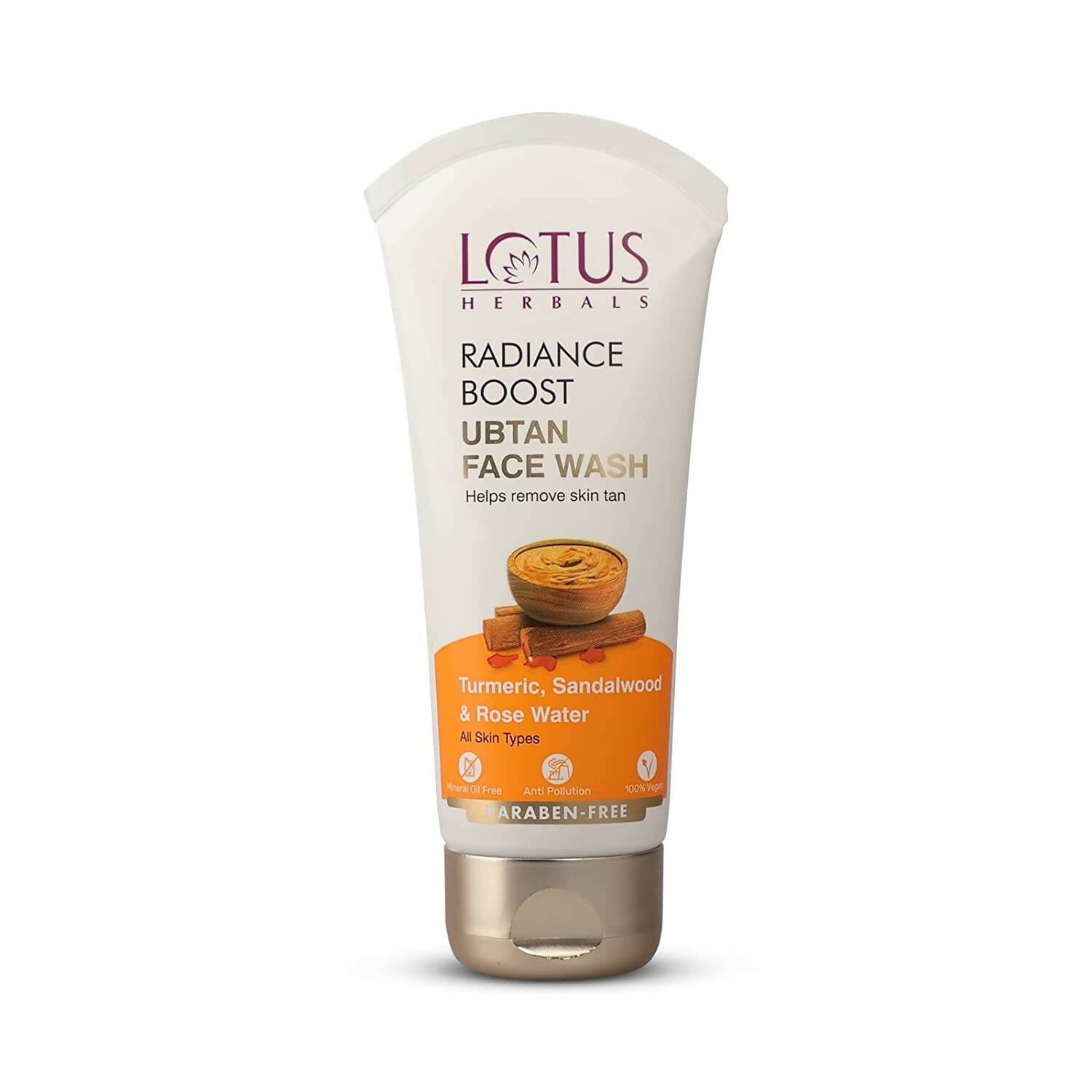 Tube of Lotus Herbals Radiance Boost Ubtan Face Wash on a white background