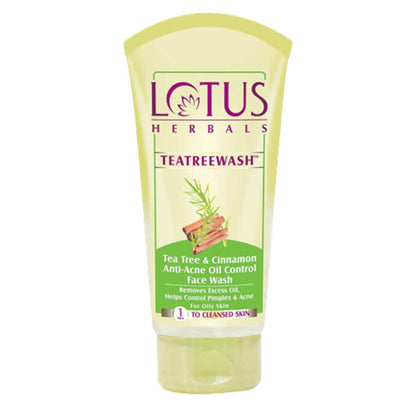 Lotus Herbals Teatreewash Tea Tree & Cinnamon Anti-Acne Oil Control Face Wash in a green tube with white and red text, indicating it is for oily skin and has anti-acne properties.