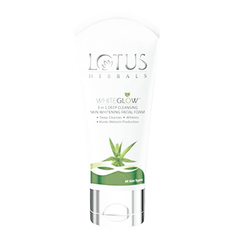 A tube of Lotus Herbals White Glow 3 in 1 Deep Cleansing Facial Foam with packaging displaying the brand name, product name, and an image of aloe vera.