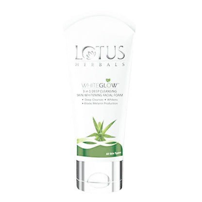 A tube of Lotus Herbals White Glow 3 in 1 Deep Cleansing Facial Foam with packaging displaying the brand name, product name, and an image of aloe vera.