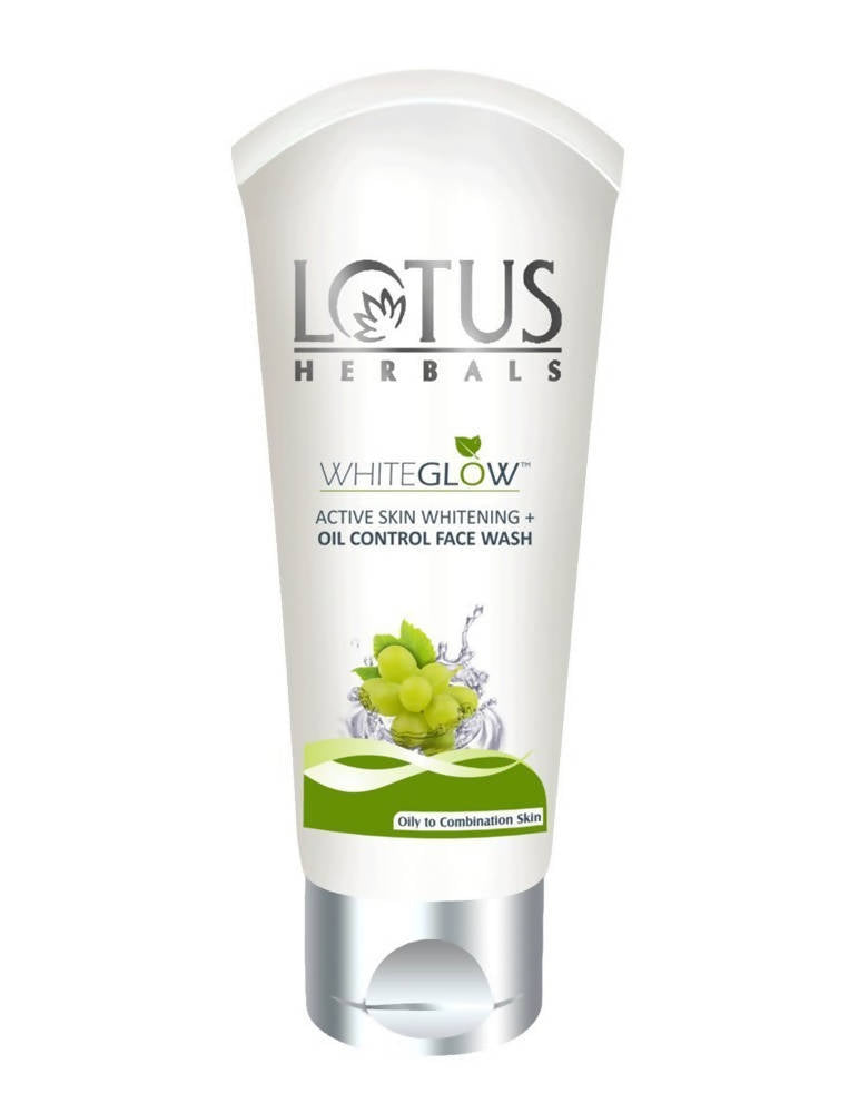 A tube of Lotus Herbals Whiteglow Active Skin Whitening + Oil Control Face Wash.