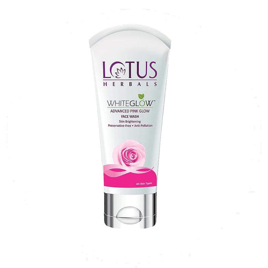 A tube of Lotus Herbals Whiteglow Advanced Pink Glow Face Wash with a pink rose design, indicating the product is for skin brightening and has a capacity of 100 grams.