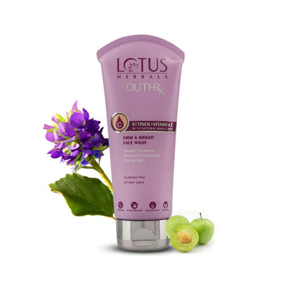 Lotus Herbals South Rx face wash tube with a purple flower and green leaves on a white background