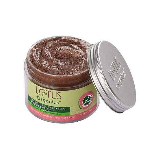Jar of Lotus Organics scrub with a white background