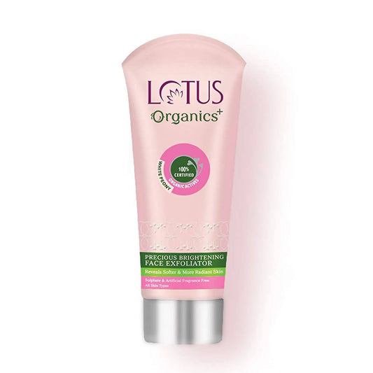Pink tube of Lotus Organics Precious Brightening Face Exfoliator on a white background