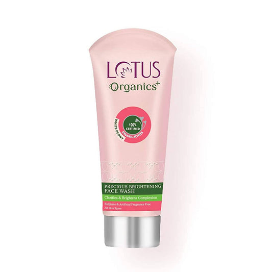 Pink tube of Lotus Organics face wash on a white background