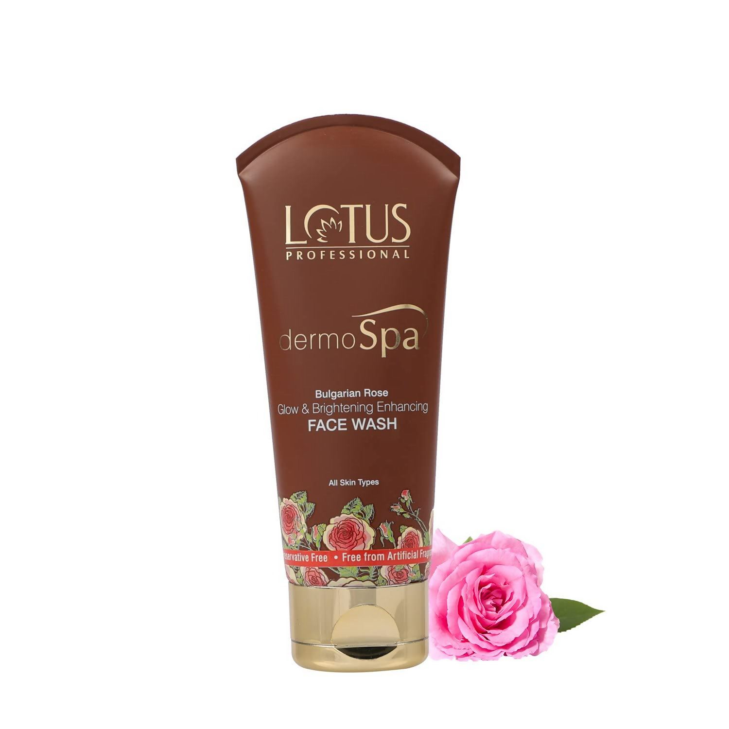 Tube of Lotus Professional dermaSpa face wash with a pink rose on a white background