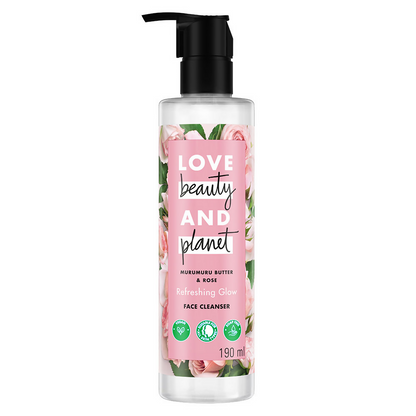 Love Beauty and Planet face cleanser bottle with pink label on a white background
