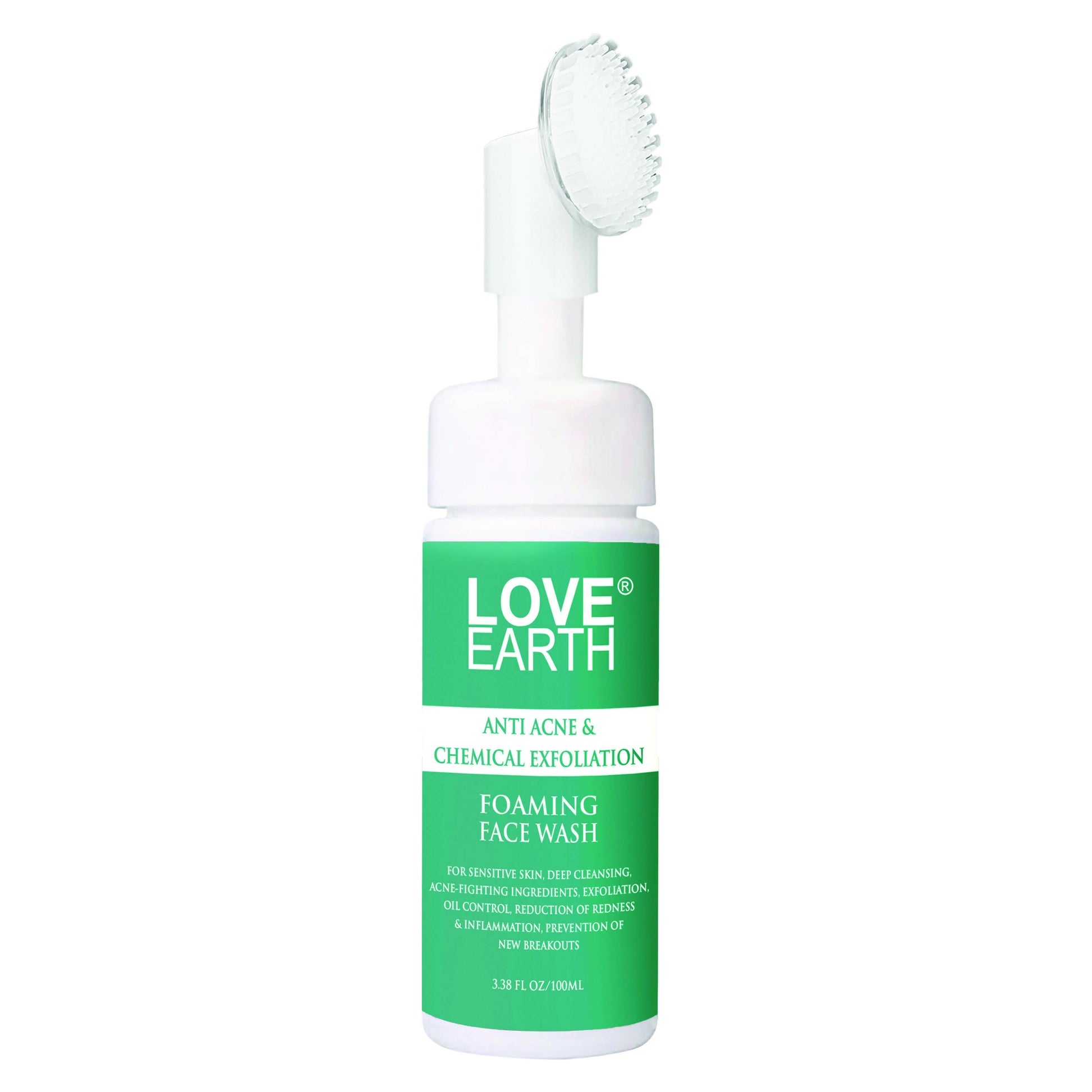 Love Earth foaming face wash bottle with brush on a white background