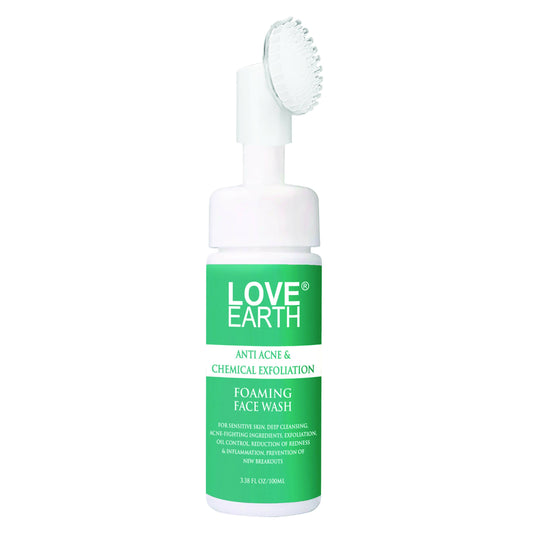 Love Earth foaming face wash bottle with brush on a white background