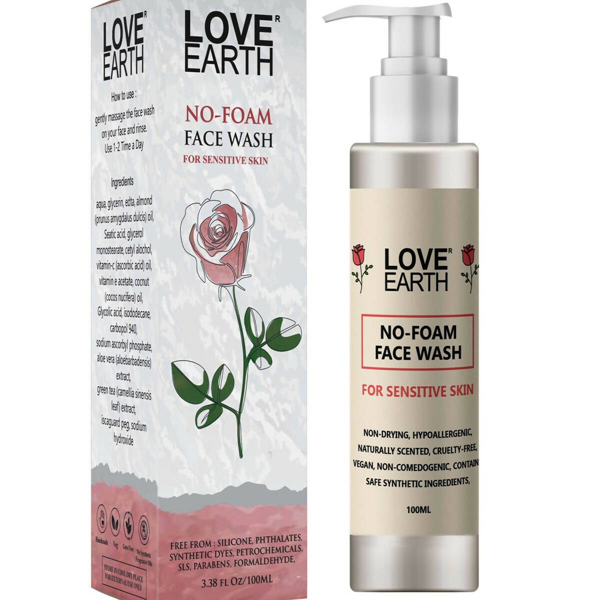 Love Earth no-foam face wash with packaging on a white background