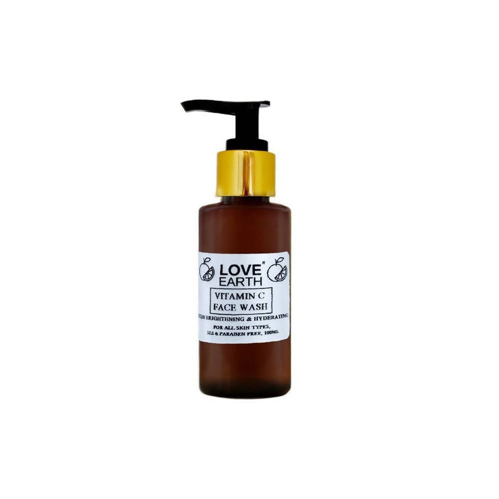 Brown bottle of Love Earth Vitamin C Face Wash with pump on a white background