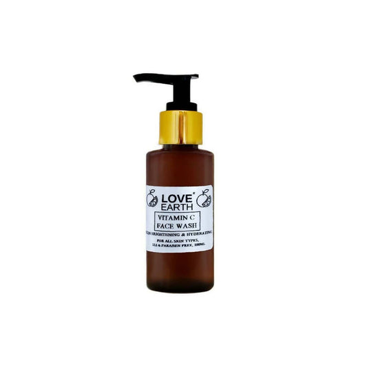 Brown bottle of Love Earth Vitamin C Face Wash with pump on a white background