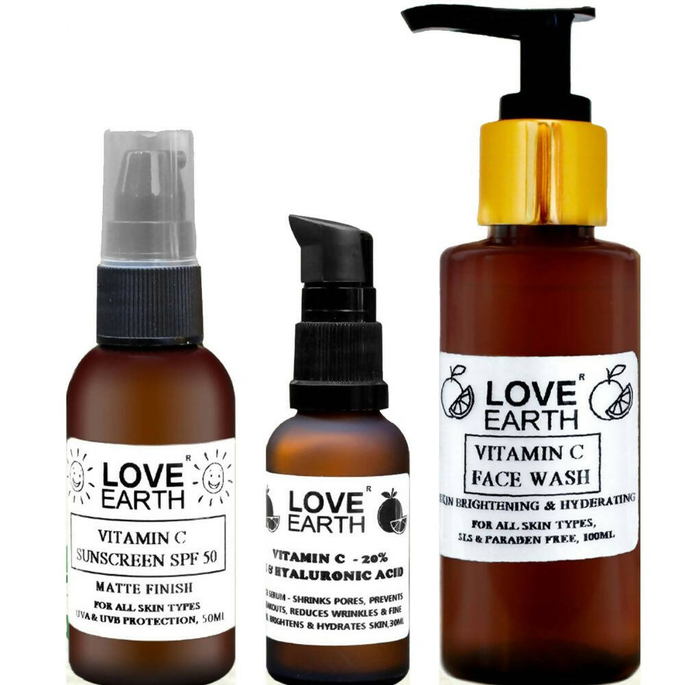 Set of Love Earth skincare products including a face wash and two serums on a white background.