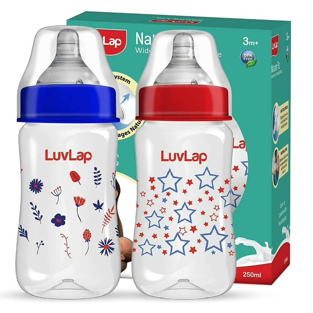 Two Luvlap baby bottles with floral and star designs next to their packaging.
