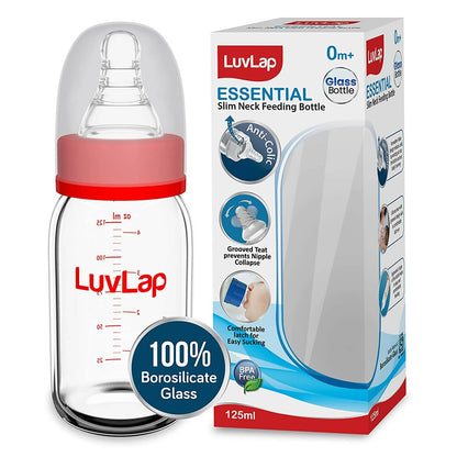 LuvLap glass feeding bottle with red cap and packaging on a white background