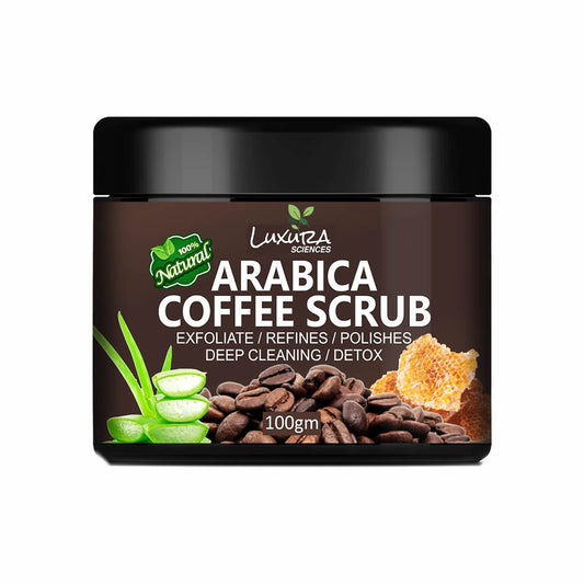 Luxura Arabica Coffee Scrub container with coffee beans and aloe vera on a white background