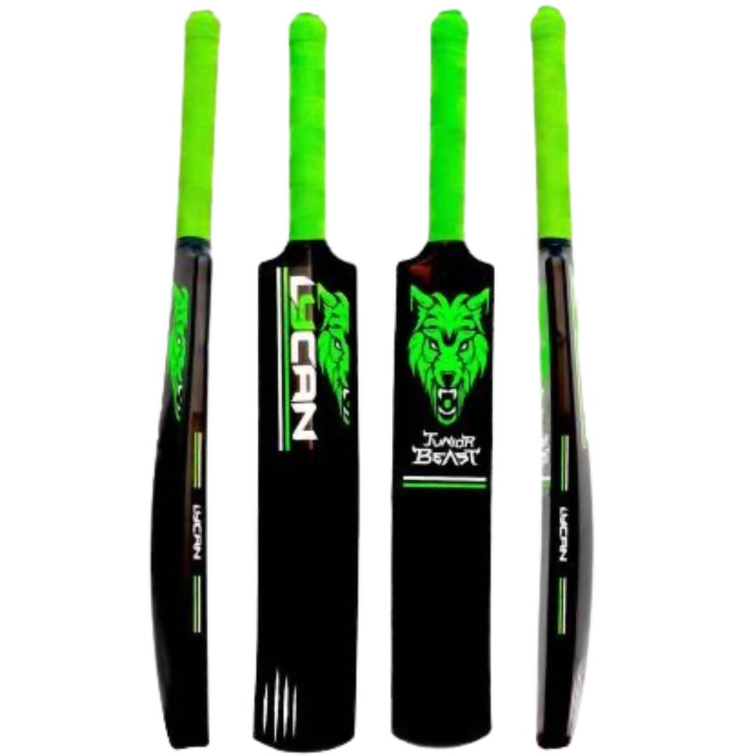Black and green cricket bat with 'Icon' branding on a white background