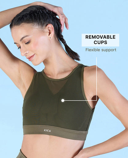 Kica Women High Impact & Full Coverage Mesh Sports Bra Olive