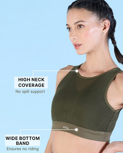 Kica Women High Impact & Full Coverage Mesh Sports Bra Olive