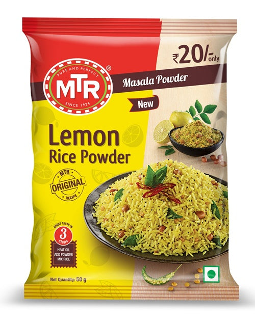 MTR Lemon Rice Powder packaging with a bowl of rice and lemon slices on a white background