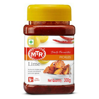 Jar of MTR Lime Pickles with a yellow lid on a white background