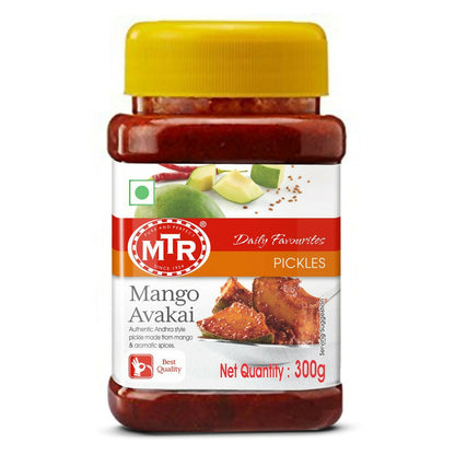Jar of MTR Mango Avakai pickles with a yellow lid on a white background