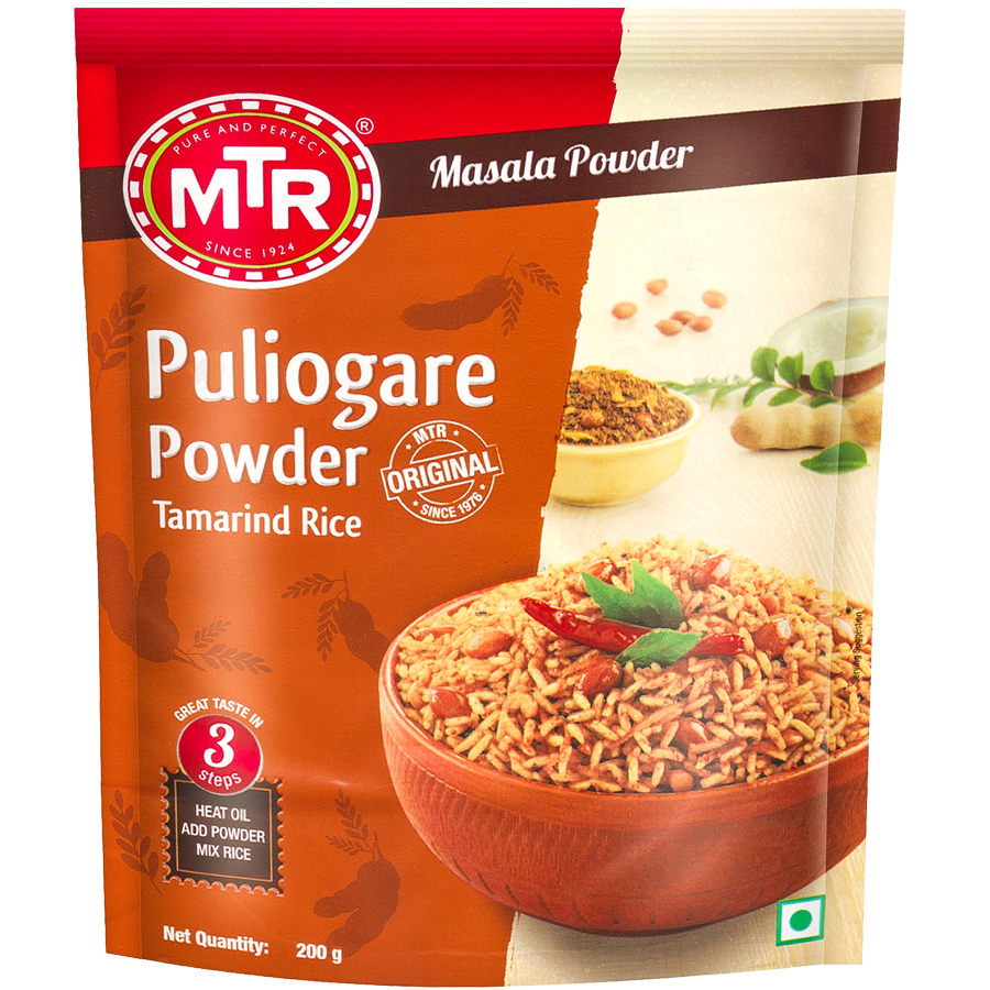 MTR Puliyogare Powder packaging with a bowl of rice and ingredients on a white background