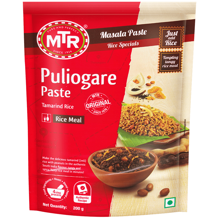 MTR Puliyogare Paste packaging with images of rice and tamarind.