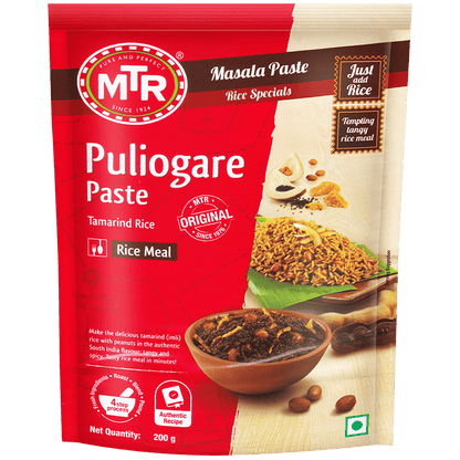 MTR Puliyogare Paste packaging with images of rice and tamarind.