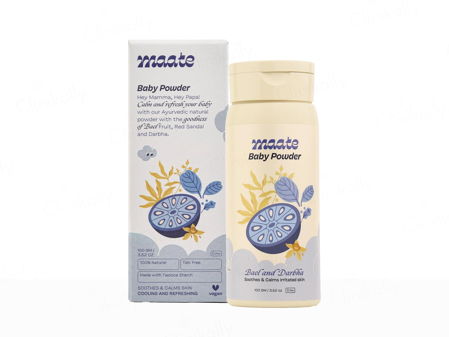 Maate baby powder bottle and packaging on a white background