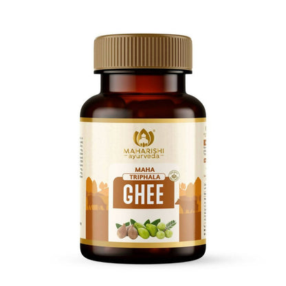 Bottle of Maha Triphala Ghee with Mahashi Ayurveda label on a white background