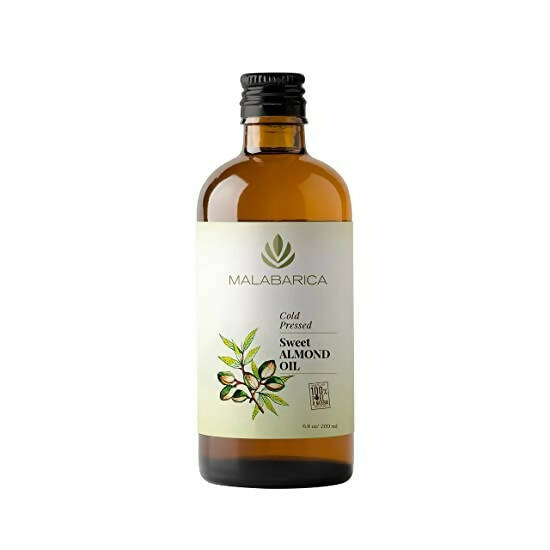 Bottle of Malabarica Sweet Almond Oil on a white background