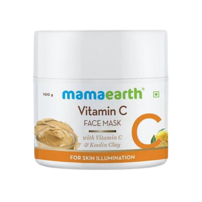 A jar of Mamaearth Vitamin C Face Mask with the label showing the product name and its use for skin illumination.