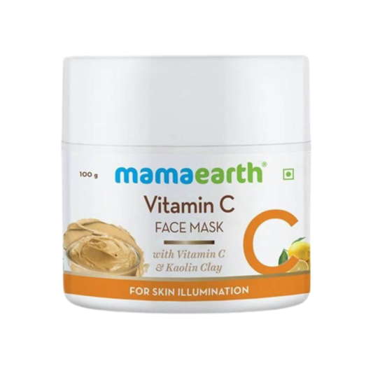 A jar of Mamaearth Vitamin C Face Mask with the label showing the product name and its use for skin illumination.