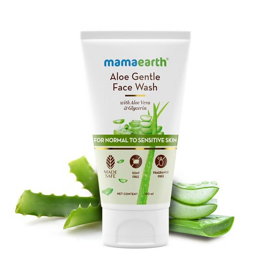 Mamaearth Aloe Gentle Face Wash with aloe vera leaves on a white background