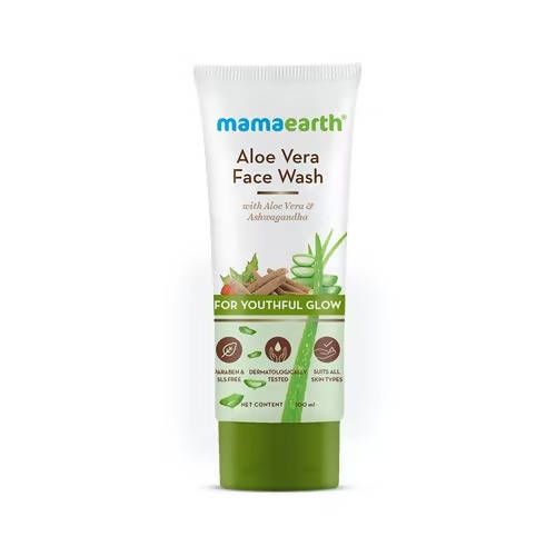 A tube of Mamaearth Aloe Vera Face Wash with packaging displaying the product name and a brief description.