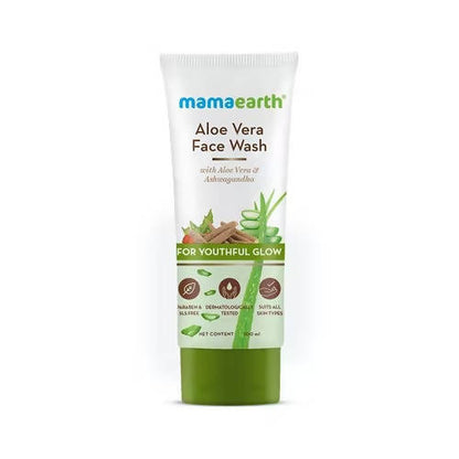A tube of Mamaearth Aloe Vera Face Wash with packaging displaying the product name and a brief description.
