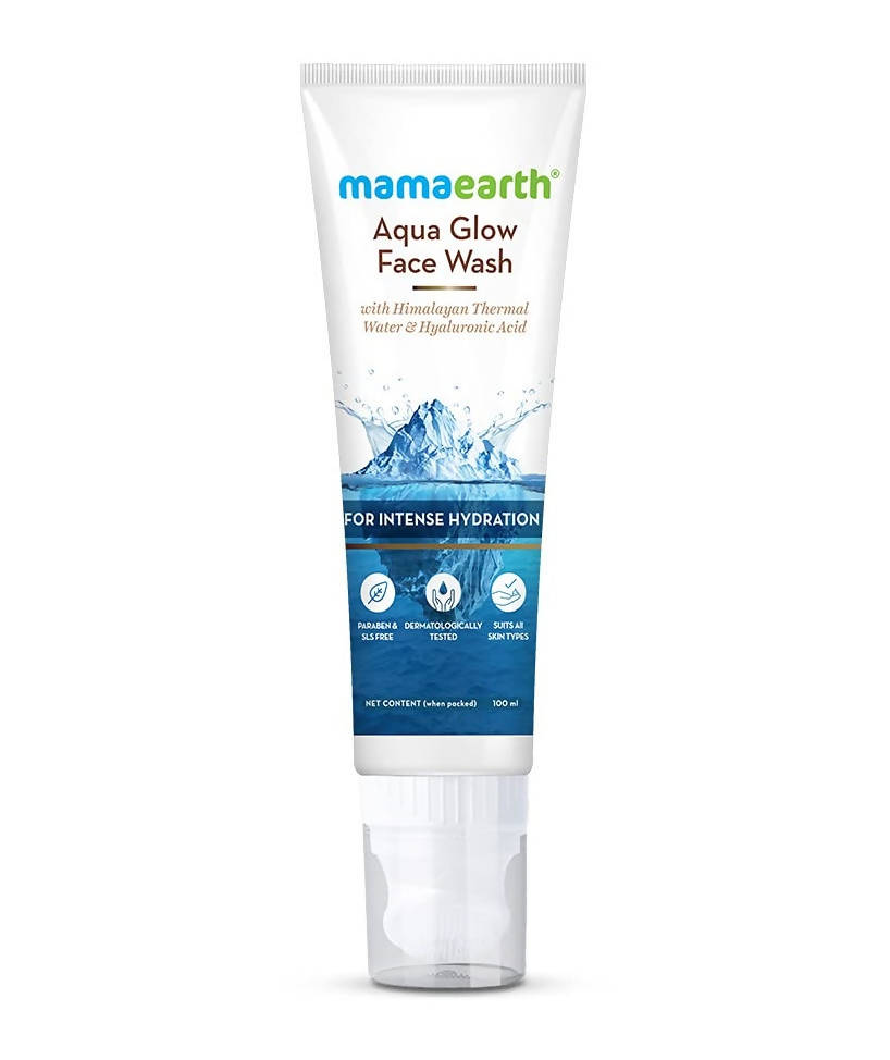 Mamaearth Aqua Glow Face Wash tube on a white background
