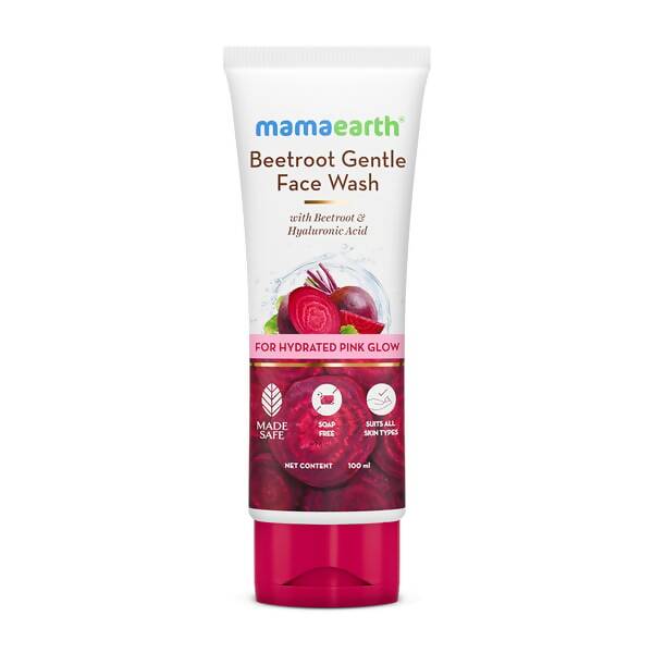 A tube of Mamaearth Beetroot Gentle Face Wash with beetroot imagery and text indicating hydration and pink glow benefits.