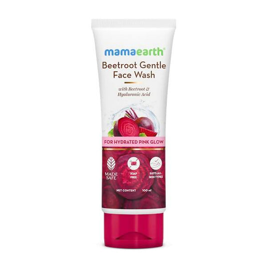 A tube of Mamaearth Beetroot Gentle Face Wash with beetroot imagery and text indicating hydration and pink glow benefits.