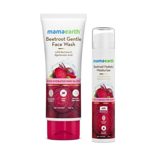 Mamaearth Beetroot Gentle Face Wash and Moisturizer on a white background