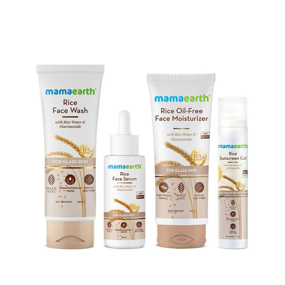 Set of Mamaearth skincare products including Face Wash, Oil-Free Face Moisturizer, Face Serum, and Sunscreen Gel on a white background.