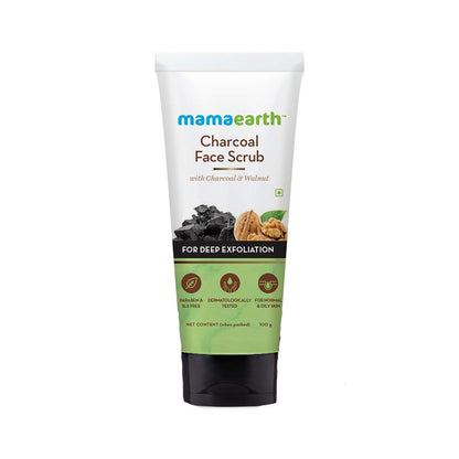 A tube of Mamaearth Charcoal Face Scrub with Charcoal & Walnut for deep exfoliation, 100gm.