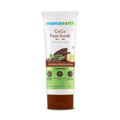 A tube of Mamaearth CoCo Face Scrub with Coffee & Cocoa for Rich Exfoliation, with the brand's logo and product information displayed on the packaging.