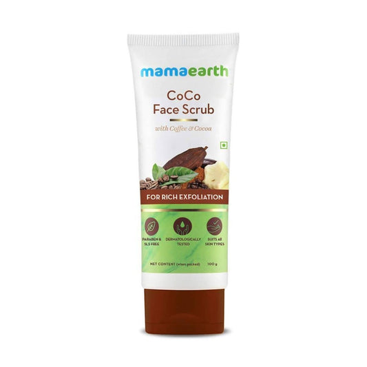 A tube of Mamaearth CoCo Face Scrub with Coffee & Cocoa for Rich Exfoliation, with the brand's logo and product information displayed on the packaging.