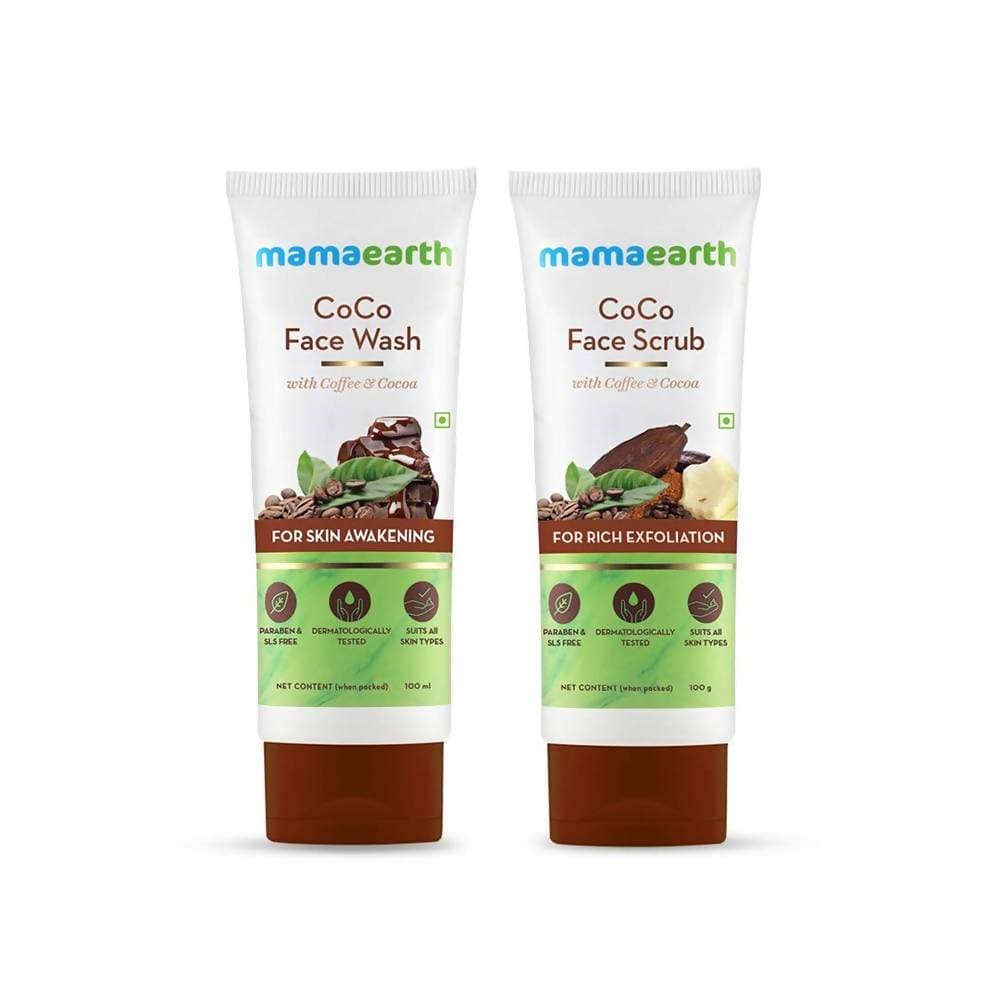 Two Mamaearth Coco Face Wash and Coco Face Scrub tubes on a white background