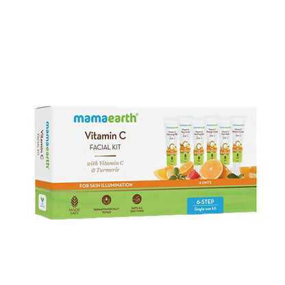 A box of Mamaearth Vitamin C Facial Kit with six steps for skin illumination, including products such as cleansing milk, face scrub, soothing gel, massage cream, face mask, and radiance cream.
